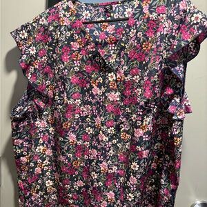 SHEIN Navy Floral Ruffle Sleeve Blouse with Pink Accents